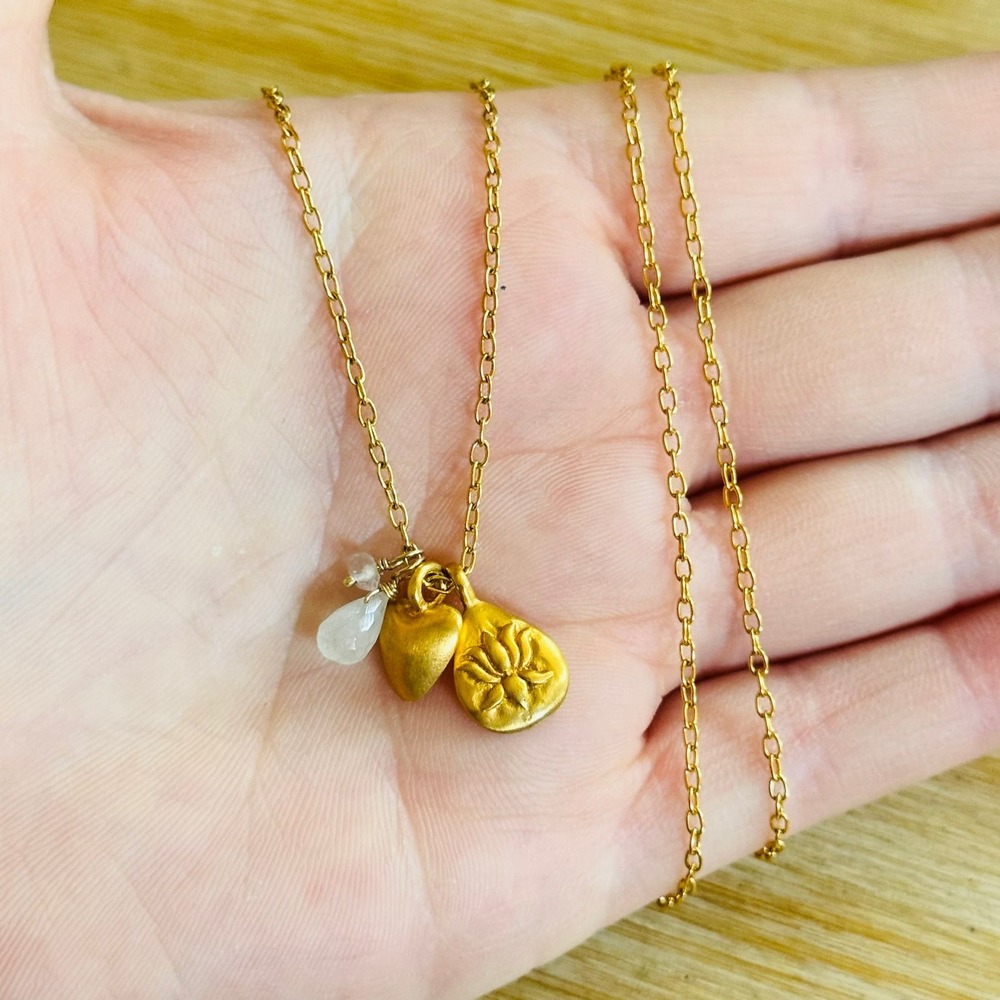 Satya Journey To Love Necklace Lotus Heart Moonstone 18K Gold Plated Chain 24"